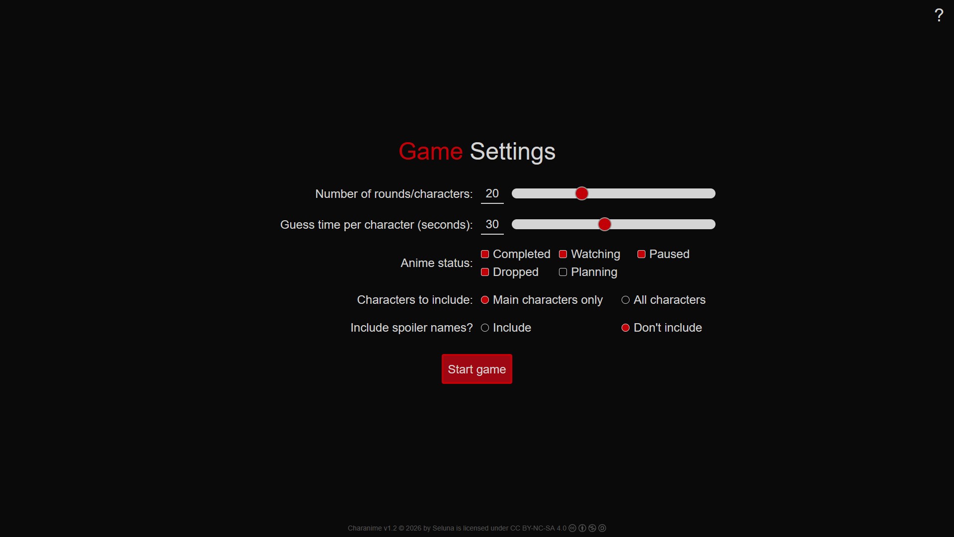 Charanime website settings screen